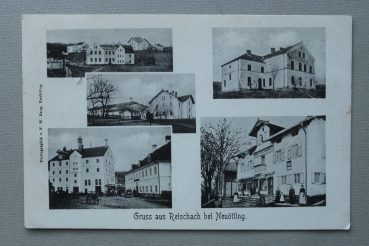 AK Gruss aus Reischach bei Neuötting / 1909 / Mehrbildkarte / Strassenansicht / Geschäft / Bus